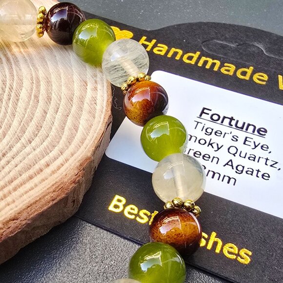 Handmade ✦ Tiger’s Eye Smoky Quartz Green Agate Bracelet ✦ 8mm Gemstone Beads - Picture 3 of 7